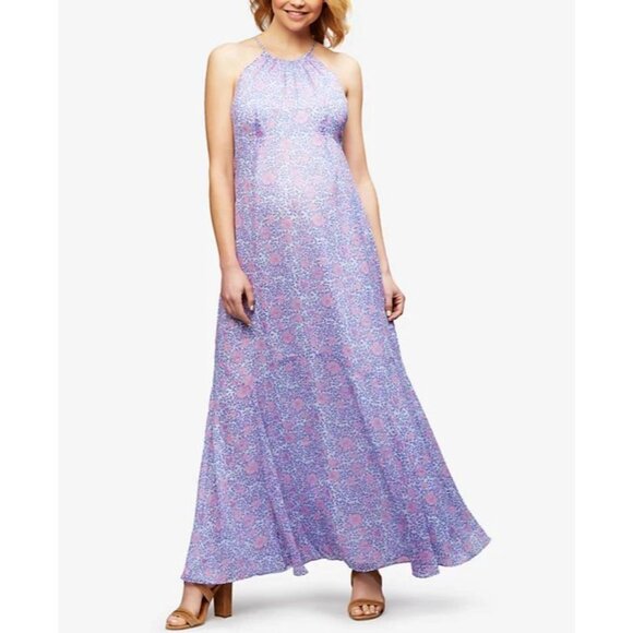 NWT A Pea in the Pod Maternity Floral Chiffon Halter Sleeveless Maxi Dress M - Picture 1 of 13